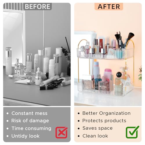 Image of Nayasa Plastic Makeup Organizer Big | Two Tier Vanity Organizer | Make-up, Cosmetic, Jewellery, Skincare Storage Box | Multipurpose Storage Rack| Bathroom, Bedroom, Dressing Table | Transparent