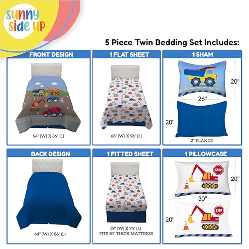 Image of Sunny Side Up Construction Zone Twin Comforter Set - 5 Piece Kids Bedding Includes Comforter, Sheets & Pillow Cover - Super Soft Vehicles Microfiber Bed Set