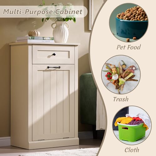Image of IFGET Tilt Out Trash Can Cabinet, Trash Cabinet w /Drawer, Cream