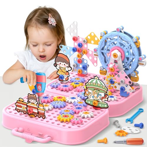 Spielzeug ab 3 4 5 6 Jahre Mosaik Montessori Steckspiel mit Bohrmaschine Werkzeugkoffer Pädagogisch Kreativ Spielzeug Kinder Steckspiel Lernspielzeug Geschenke für 3 4 5 6 Jahren Jungen Mädchen