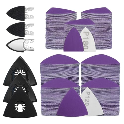 206PCS Multi Tool Sanding Pad Kit 3PCS Triangle Sanding Pads 3PCS Fingertip Sand Pad 200PCS Triangle & Fingertip Sandpaper 60/80/120/180/240 Grits Hook & Loop Multitool for Wood/Plaster Polish