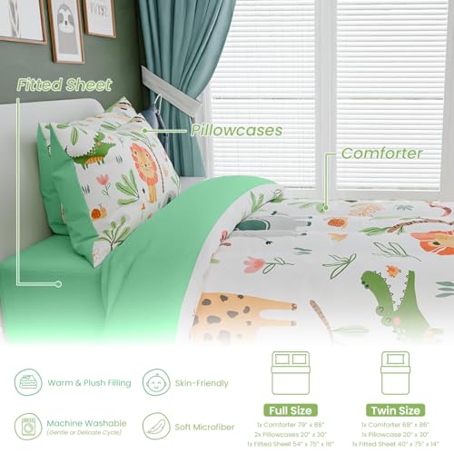 Image of Jungle Animal Kids Bedding Set for Boys Girls, Ultra Soft Microfiber Comforter Set Full Size 4-Pieces, Comforters Bed Sets for Kid Tween Teen Bedroom Decor