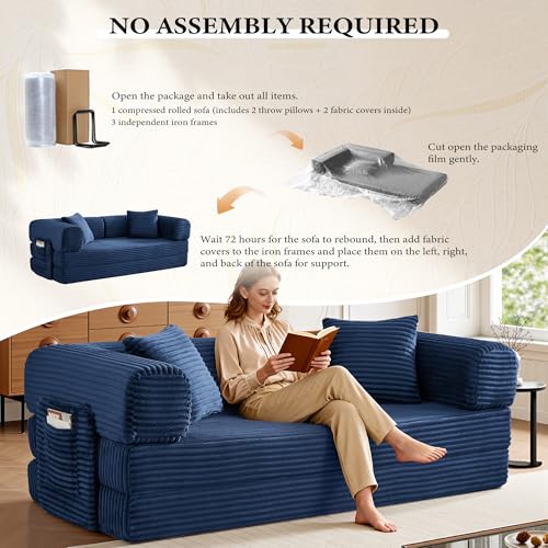 Image of Boneless Couch Futon Sofa Bed Sectional Couches for Living Room,Cloud Couch with Sleeper Sofa,Sofas for Living Room Oversized Corduroy Upholstered (Blue, 81 Inches (with Iron Frame))