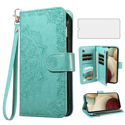 Coque Samsung Galaxy M12 et A12 verte anti-rayure avec étui portefeuille et vitre en verre