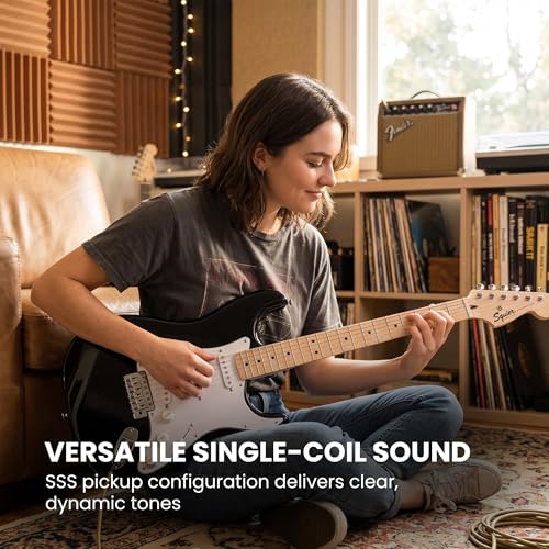 Image of Fender Squier Sonic Stratocaster - Black Bundle with Mustang Micro Headphone Amp, Cable, Tuner, Strap, Picks, and Austin Bazaar Instructional DVD