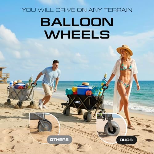 Image of Beach Wagon with Big Wheels for Sand - Heavy Duty Collapsible Folding Utility Wagon Cart 300lb Capacity with 9 inch All-Terrain Pneumatic Tires & Cup Holders - Portable Garden Camping Outdoor Cart (Black)