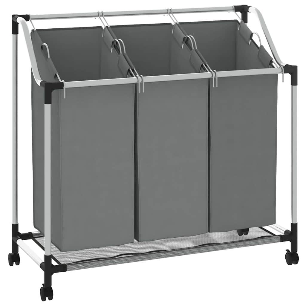 Cesto portabiancheria con ruote, 3 scomparti, grigio | Struttura in acciaio con rivestimento in plastica, 4 ruote girevoli con 2 freni, sacchetti portabiancheria rimovibili