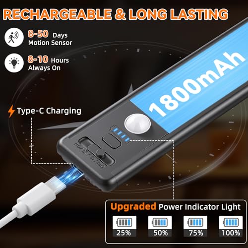 Image of Under Cabinet Lighting Wireless, Rechargeable 10inch Motion Sensor Light Indoor, 3 Color Closet Light Battery Operated with LED Power Display, Magnetic Under Counter Lights for Kitchen (3Pack-Black)