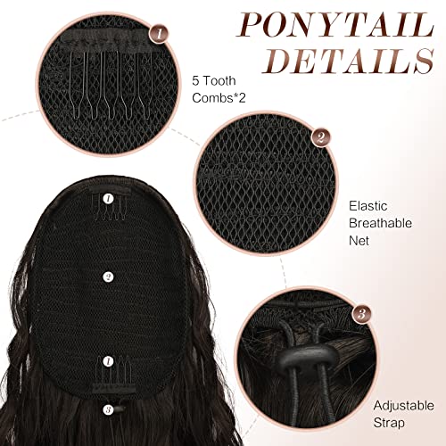 FESHFEN Long Curly Wavy Drawstring Ponytail Extensions Clip in Wavy Synthetic Hairpieces Natural Black Drawstring Ponytail Curly Hair Piece Pony Tail Extension for Women 26 inch - Image 3