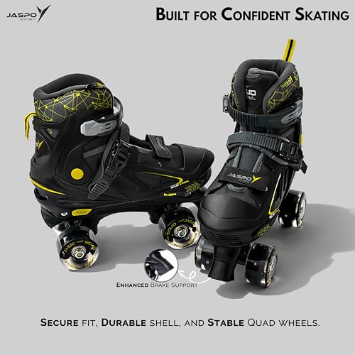 Image of Jaspo Scud X Trail Roller Skates Combo with Helmet and Knee, Elbow, Wrist Guard, Professional Outdoor Indoor Quad-Skates for Kids & Adults, Adjustable Roller Skates with 4 Shiny Wheels (Black, Large)
