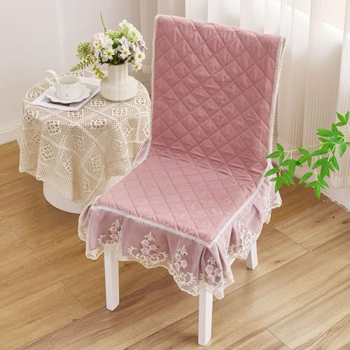 Image of HOMETHREADS Vintage Dining Chair Protector Cover, Quilted Cotton with Lace Frills, Easy Slip-On Design, Protects Seat & Backrest While Keeping Chair Visible, Washable & Reusable, Pink (Pack of 1)