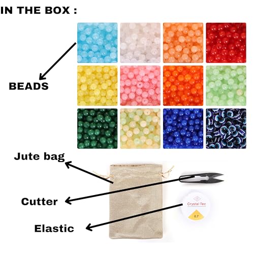 Image of Ambitieux 12 Types Of Colorful 800+ Pcs 8Mm Of Plastic Beads With Elastic,Jute Bag And Thread Cutter - Perfect For Crafting (Evil Eye 8 Mm Kit),Multicolor