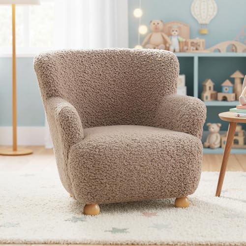 Image of KOTEK Comfy Toddler Chair, Sherpa Kids Armchair with Rubber Wood Legs, Children Reading Chair for Boys & Girls, Upholstered Kids Sofa for Playroom Bedroom Nursery (Brown)