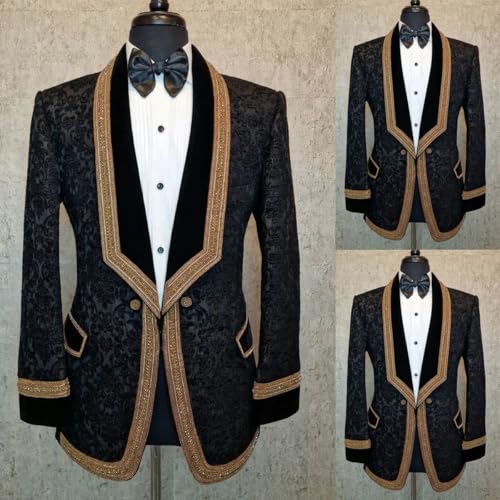 Men's Paisley Shawl Lapel Blazer, Single Breasted, One Button, Two Flap Pockets, Lace Applique Hem3