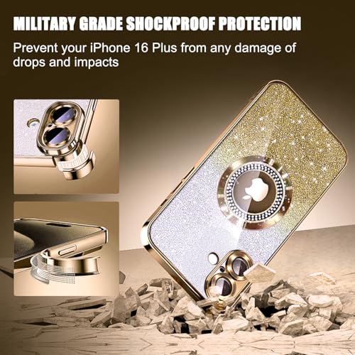 Image of Misscase for iPhone 16 Plus Magnetic Glitter Case Compatible with MagSafe,Full Protection Slim Shockproof Anti-Scratch Case with Camera Lens Protector Logo View Dust-Proof Net for Women Gold
