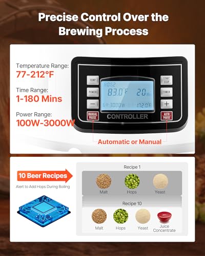 Image of VEVOR Beer Brewing Equipment, 16 Gal /60L Beer Maker with Anti-Burn Pump and Wort Chiller,3000W All-in-One Home Brewing Kit with Digital Control, Recipe Memory & Timer, Removable mesh strainer