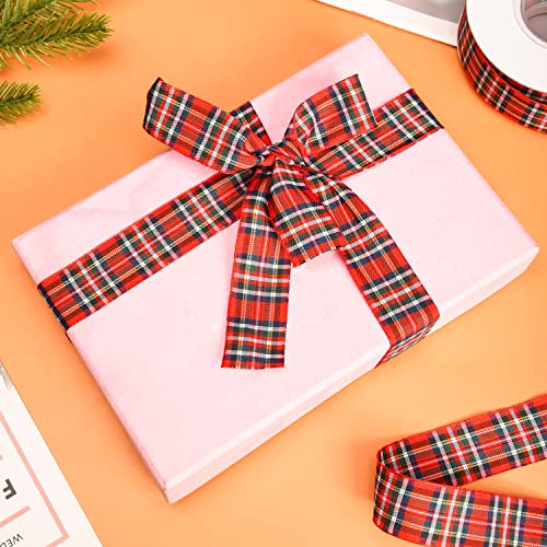 XNHIU 20 Yards Tartan Ribbon - Red Classic Royal Stewart Christmas Ribbon (25mm), Red, Green - Image 4