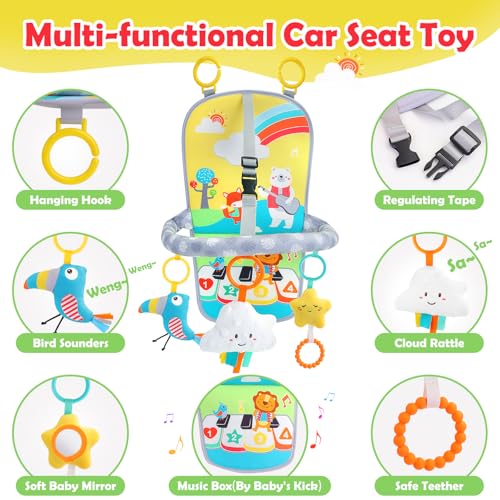 Image of Baby Car Seat Activity Toy for 6+ Months - Rear Facing Travel Toy with 2-Level Volume Music, Teether & Plush Toys, Adjustable Arch for Infants