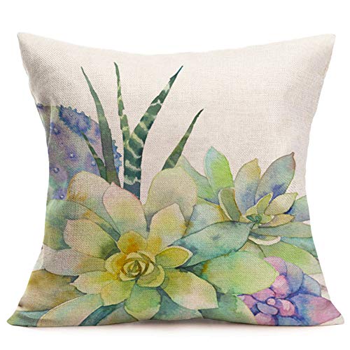Cactus Pillow Covers Set Of 4 Cotton Linen Summer Green Cactus Succulent Plants Decorative Throw Pillow Cover Mexican Flower Cushion Cover Home Sofa Decorative Square 18" X 18" (Cactus Floral) #TOP2