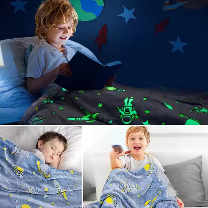 Image of TONY STARK Big Size Unicorn Glow in The Dark Blanket for Kids, 0-15 Years |200x152 Cm| Soft Flannel Fleece Throw, Cozy & Warm All-Season Radium Blanket (Astronaut & Purple Star)