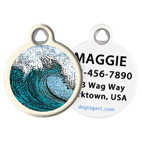 Dog Tag Art Surfin' Wave Custom Pet ID Tag for Dogs and Cats, Silent Polymer Coated Stainless Steel Nametag with Personalized Identification Information - Large 1.25