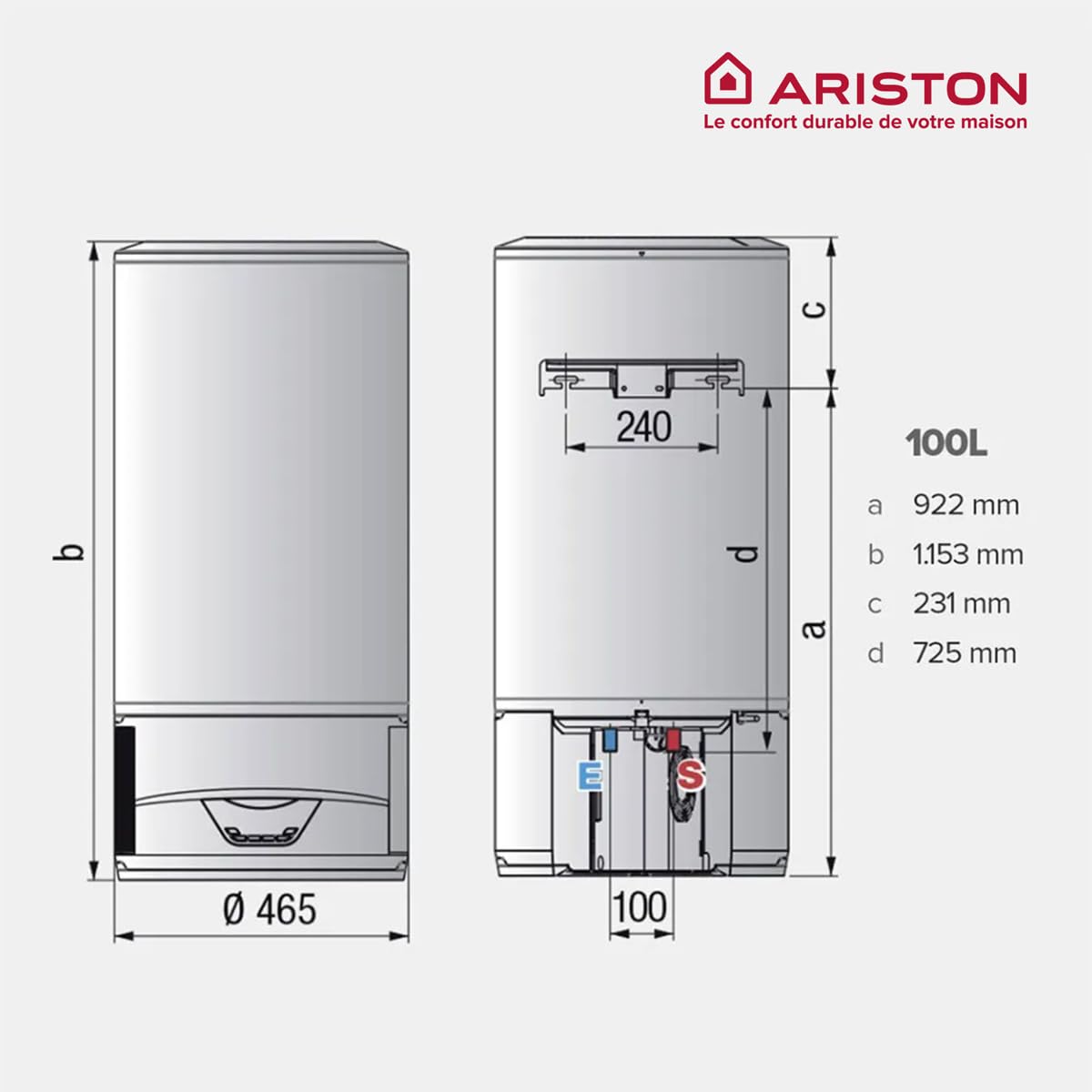 Ariston Lydos Hybrid Wifi 100L, Chauffe-Eau Thermodynamique Mural, Classe A, COP 1.89, Air Ambiant, 50% d'Économie d'Énergie, Prêt-à-Poser, Installation en France