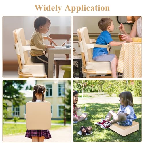 Image of Toddler Booster Seat for Dining Table, Non-Slip Kitchen Chair Booster Seat with Backrest and Adjustable Straps, Portable PU Waterproof Travel Baby Booster Increasing Cushion