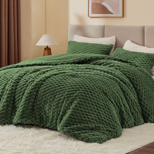 Image of BEDELITE Fluffy King Comforter Set, Olive Green Fleece Bed Set 3 Pieces