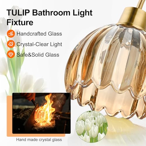 Image of Bathroom Light Fixtures, 3-Light Brushed Gold Vanity Lights for Bathroom with Ribbed Amber Tulip Glass Shade, 20 in Bathroom Vanity Lights Over Mirror for Bedroom, Living Room, Hallway