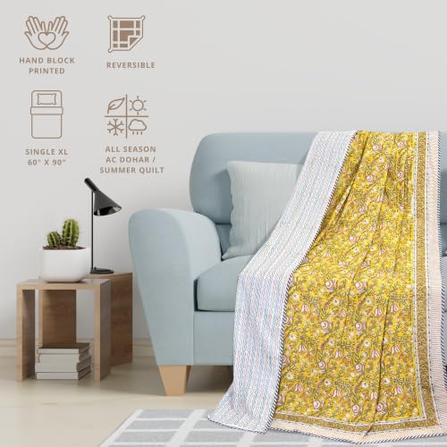 Image of TOAIArt Premium Jaipuri Dohar | AC Blanket Summer Quilt | Hand Block Printed | 3 Layers | Reversible | 150GSM 100% Mulmul Cotton | 100% Cotton Flannel Filling | Single 60 inch X 90 inch|MohanVan