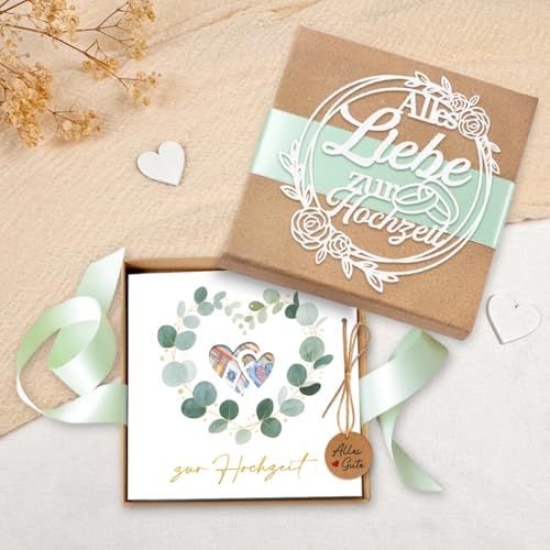 Hochzeitsgeschenke für Brautpaar, Elegante Geldgeschenk Hochzeit, Geldgeschenke Verpackung mit Geschenkbox Hochzeitskarte, Premium Personalisierte Glückwunschkarte zur Hochzeit Herz Eukalyptus