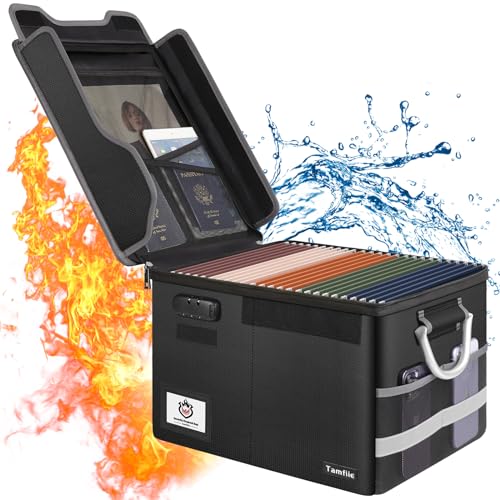 Tamfile Feuerfeste Dokumentenbox, Akten Organizer Box mit Schloss, Zusammenklappbare Dokumenten-Aufbewahrungsbox mit Griffen, Tragbare Aktenbox zum Aufhängen von Briefen/Rechtsordnern, Schwarz