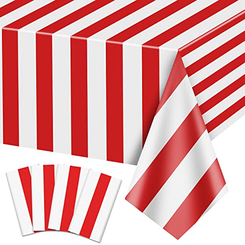 PIXHOTUL 4 manteles de rayas rojas y blancas, decoración de fiesta temática de carnaval, 137 x 274 cm, mantel de plástico, para fiesta de circo, noche de cine, cumpleaños infantil, Navidad