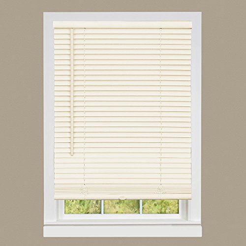 PowerSellerUSA 1" Vinyl Slats Room Darkening Cordless Window Blinds, 64L x 36W Inches Manual Operation Mode Blackout Privacy Blind, Solid Pattern Ceiling-Outside Mount Pull-Up Mini Blinds, Beige