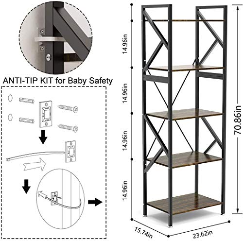 DEWEL 5 Shelf Bookshelf 70 inch Industrial Bookshelf Display Open Bookcase 5-Tier Storage Organizer Rack Standing Unit Shelf for Living Room Kitchen Bathroom