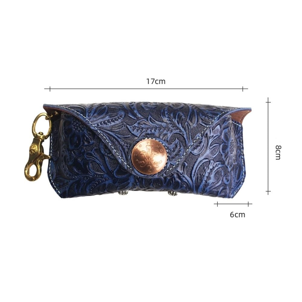 Przenośne skórzane etui na okulary, retro etui na okulary przeciwsłoneczne odporne na ściskanie wąskie etui dla kobiet mężczyzn poziome etui na okulary (Grey : Blue, Size : S)
