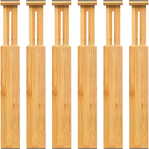 VaeFae 6-Pack Bamboo Drawer Dividers – Adjustable 14″-19.1″ (Fits 15″-18″ Drawers ONLY), Spring-Loaded Expandable Organizer for Kitchen, Bedroom, Office & Bathroom, MUST MEASURE Before Purchase
