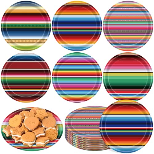 Pickmesh 120 Pcs Fiesta Paper Plates 7 Inch Mexican Party Colorful Stripes Dessert Plates Decorative Dinnerware for Cinco De Mayo Birthday Taco Party Decorations Favors