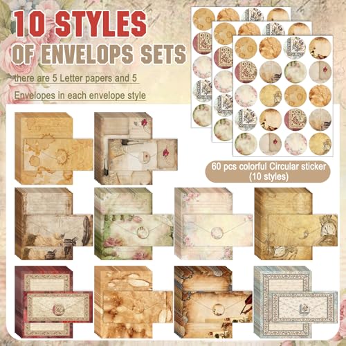 Image of TaoBary 160 Pcs Vintage Stationary Letter and Envelopes Set Retro Stationary Set 50 Double Sided Lined Stationery Paper with 50 Matching Envelopes and 60 Round Dot Sticker for School Students Writing