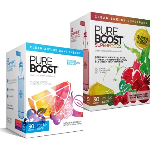 Pureboost Clean Energy And Superfoods Bundle. 60 Stick Packs Boosted With B12, Vitamin C And More. Fruity Combo Pack + Superfoods Combo Pack Which Includes 7 Organic Superfoods. #TOP7