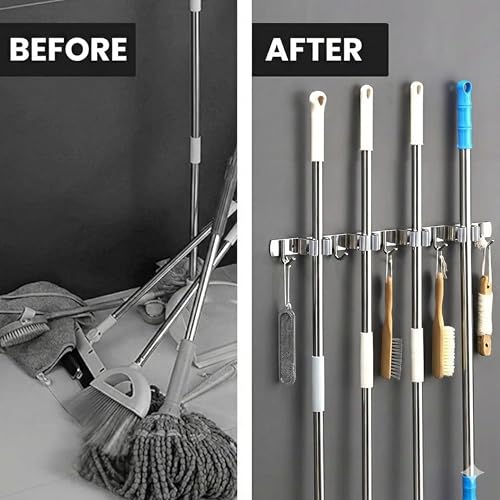 Image of Broom Mop Holder Wall Mount Stainless Steel Wall Mounted Storage Organizer Heavy Duty Tools Hanger with 4 Racks 5 Hooks for Kitchen Bathroom Closet Garage Office Garden 1Pc broom holder