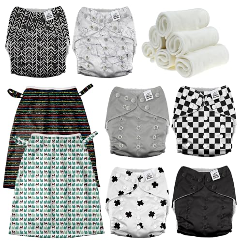 Image of Mama Koala 3.0 Baby Cloth Diapers with 6 Inserts Bundle(Black and White), with 2 Pack Reusable Pail Liner