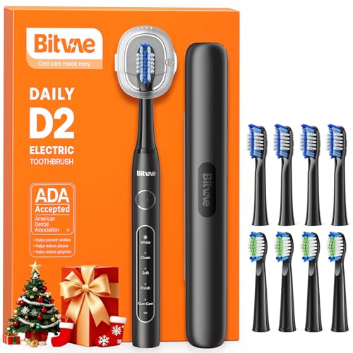 Bitvae D2 Ultrasonic Electric Toothbrush for Adults and Kids, Electric Toothbrush with Rechargeable Power, 8 Toothbrush Heads and 5 Modes, Black