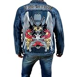  ORANDESIGNE Homme Blousons en Jean Veste à Manches Longues en Jean Vintage Délavé Décontractée Manteau Punk Impression de Graffitis Vêtements D\'extérieur Denim Veste de Moto X Bleu Foncé L