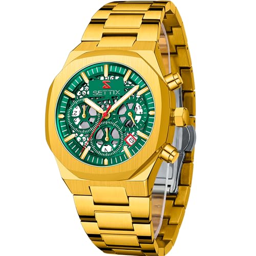 SETTIX, Reloj Hombre, Analógico, Correa de Acero, Movimiento de Acero, Ancho de Caja 42mm, Resistente al Agua 30m Profundidad, 157 Gramos (Apex Gold)