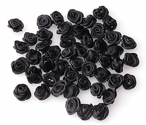 Ruwado 50 pcs Satin Ribbon Roses Mini Flowers Boutique Applique Sewing Embellishment Supplies for DIY Craft Project Scrapbooking Wedding Theme Parties Home Decoration (Black)