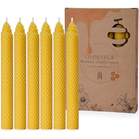 Olorvela Beeswax Candles Handmade Taper Candles 6Pack 8" Hand-Rolled Candlesticks,Unscented smokeless 100% Pure Beeswax, Natural Scent Beeswax Tapers(Raw) Cover