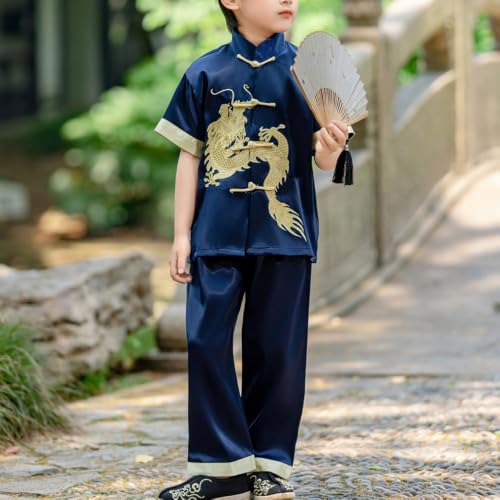 Image of Kids Boys Traditional Chinese Kung Fu Outfit Embroidery Dragon Tang Uniform Martial Arts Suits