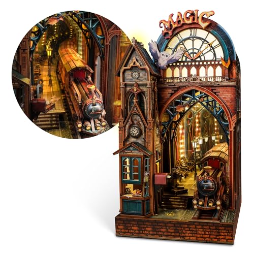 FUNPOLA LED 3D Puzzle Magic Station Book Nook Kit - Interactive 3D Wood Puzzle LED Magical Miniature with Infinite Extension Space - DIY Bookshelf Insert Decor Gifts(Magic Station)