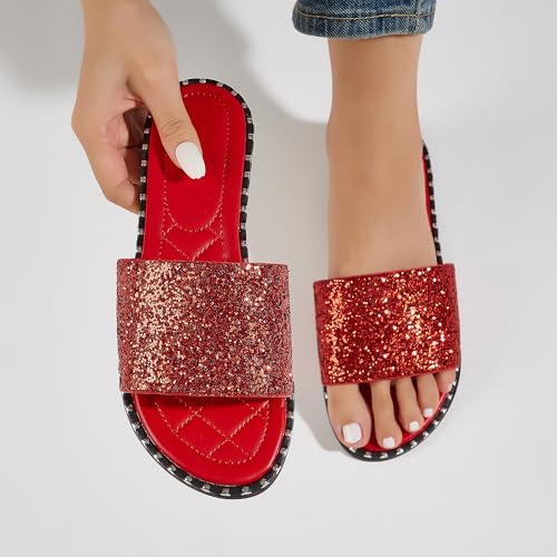 Image of Women's Open Toe Flat Sandals Rhinestone Glitter On Casual Fashion Slippers Quick Drying Indoor & Outdoor Slides